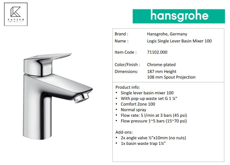 Hansgrohe Logis Basin mixer 100 CoolStart with pull rod waste set 71102.000