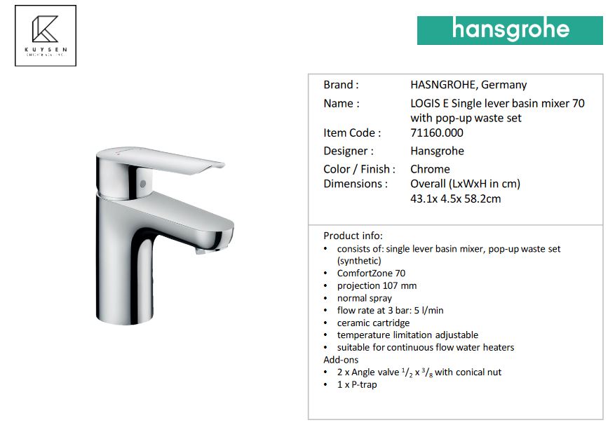 Hansgrohe Logis E Basin mixer 70 with pop up waste set 71160.000