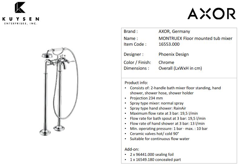 Axor Montreux 2-handle Floor Standing Bathtub Mixer with Handshower 16553.000 + 16549.180