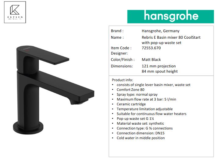 Hansgrohe Rebris E basin mixer 80 coolstart blk 72553.670