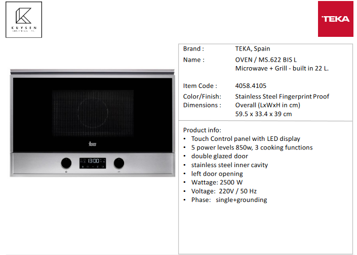TEKA MS.622 BIS L Microwave + Grill - built in 22 L. 4058.4105