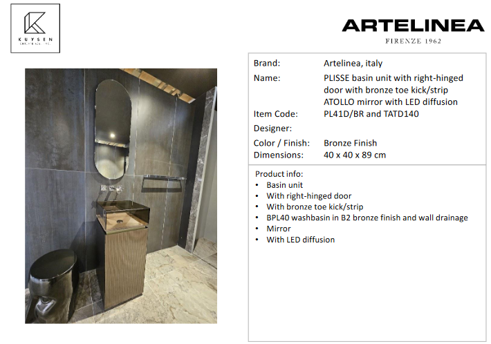 Artelinea PLISSE base unit RH bronze + BPL40 basin + ATOLLO mirror with LED diffusion AL590