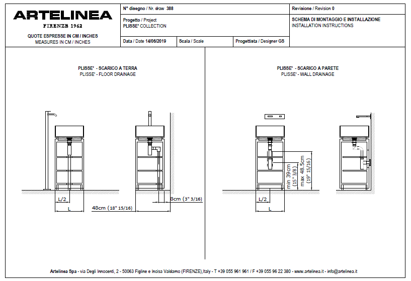 Artelinea PLISSE base unit RH bronze + BPL40 basin + ATOLLO mirror with LED diffusion AL590