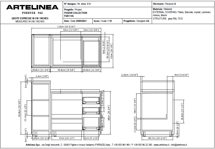 Artelinea FUSION floor basin unit with left-hinged doors + RIFLESSI mirror with LED