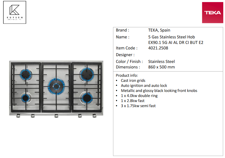 TEKA EX90.1 5G AI AL DR CI BUT E2 Gas Hob 4021.2508