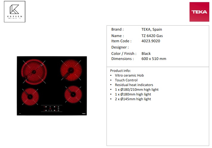 TEKA TZ 6420  Vitroceramic Hob 4023.9020