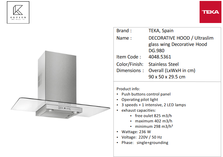 TEKA Ultraslim Glass Wing Decorative Hood 4048.5361