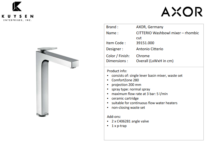 Axor Citterio basin mixer 280 high rhombic Chrome 39151.000