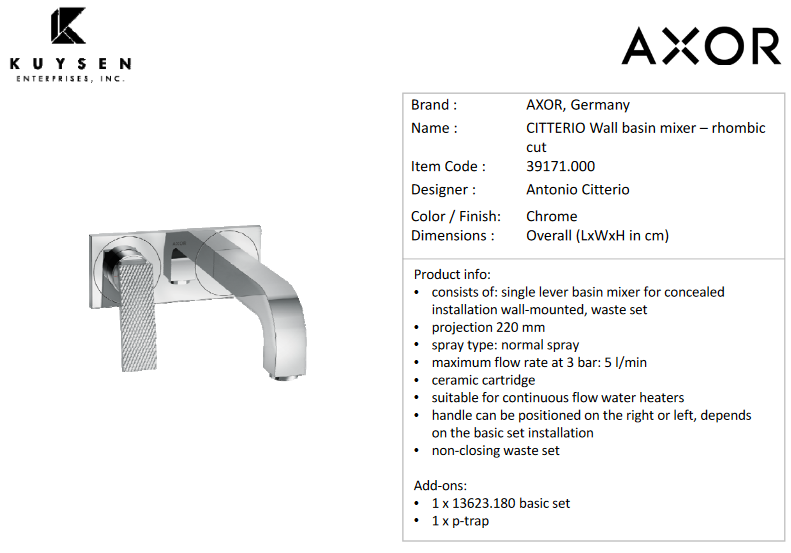 Axor Citterio wall basin mixer rhombic Chrome 39171.000