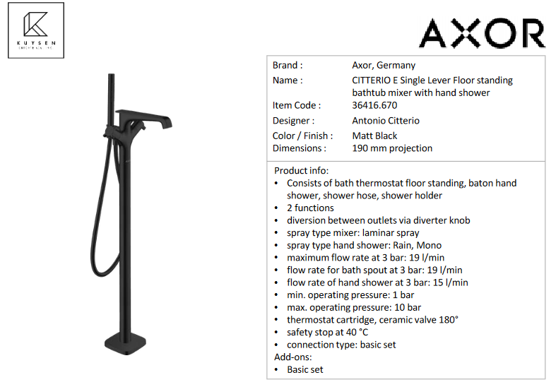 Axor Citterio E floor mounted tub mixer black 36416.670