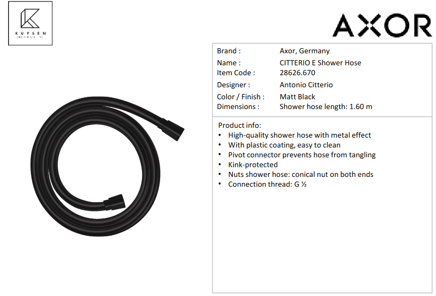 Axor shower hose 1600mm matt black 28626.670