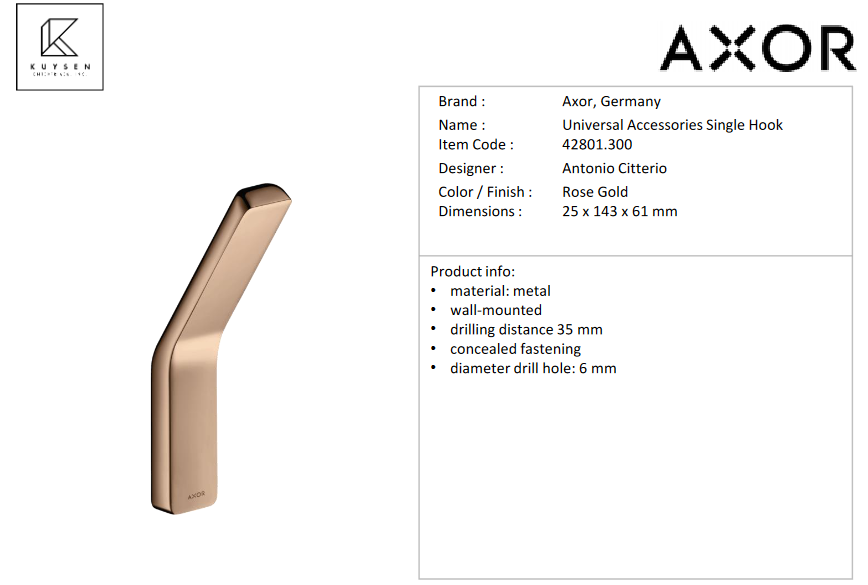 Axor Universal single hook rose gold 42801.300