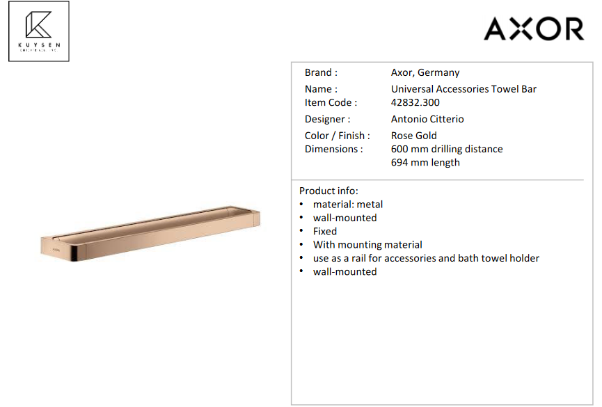 Axor Universal towel bar 600mm rose gold 42832.300