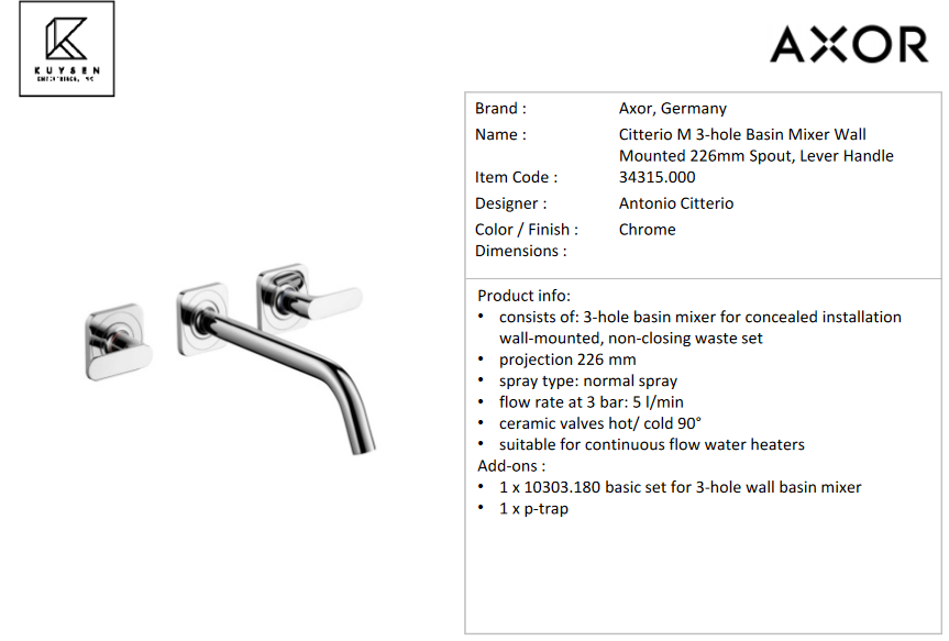 Axor Citterio M 3hole lever wall basin mixer 34315.000