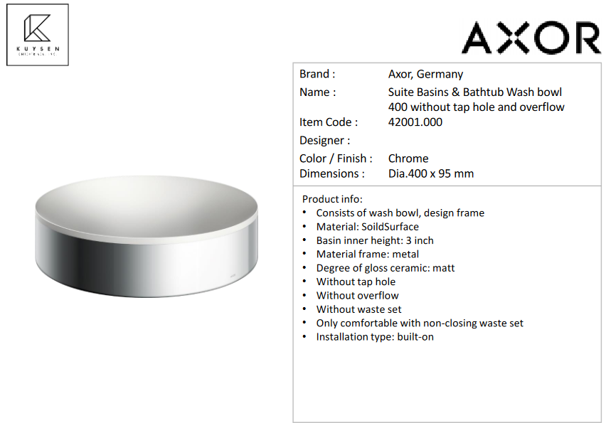 Axor Suite washbasin Ø400 without tap hole and overflow Chrome 42001.000