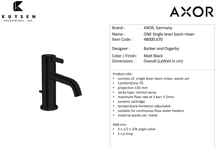 Axor One basin mixer 70 lever handle Black 48000.670