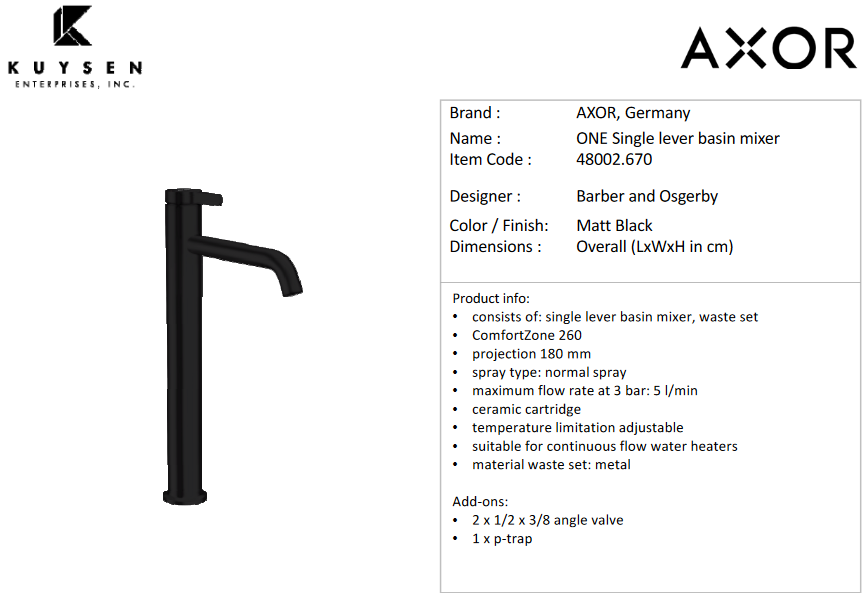 Axor One basin mixer 260 matt black 48002.670