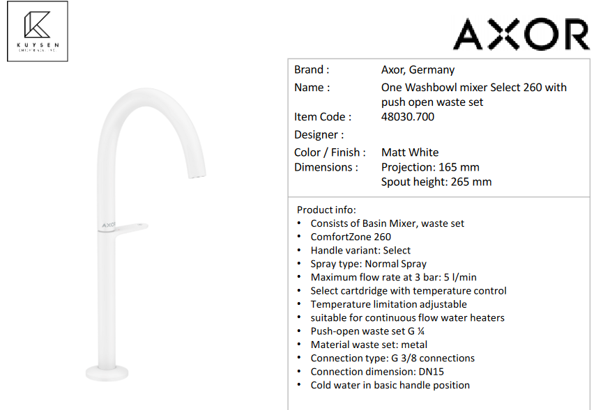 Axor One Select mixer 260 matt white 48030.700