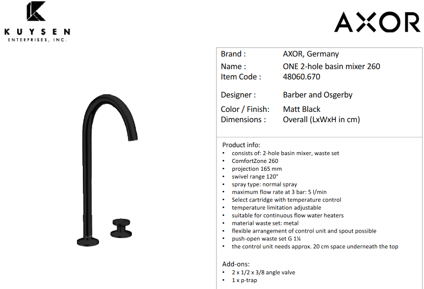 Axor One Select 2hole basin mixer Select260 Matt Black 48060.670