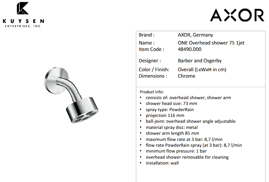 Axor One o/h shower 75 1jet ecosmart Chrome 48490.000