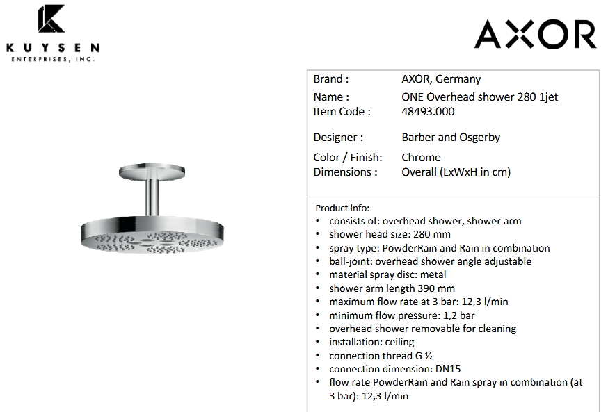 Axor  One o/h shower 280 1jet ceiling Chrome 48493.000