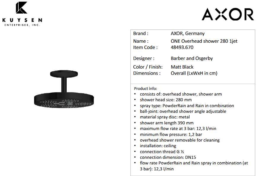 Axor One o/h shower 280 1jet ceiling black 48493.670