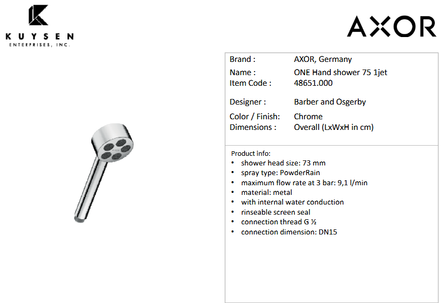 Axor One hand shower 75 1jet ecosmart Chrome 48651.000