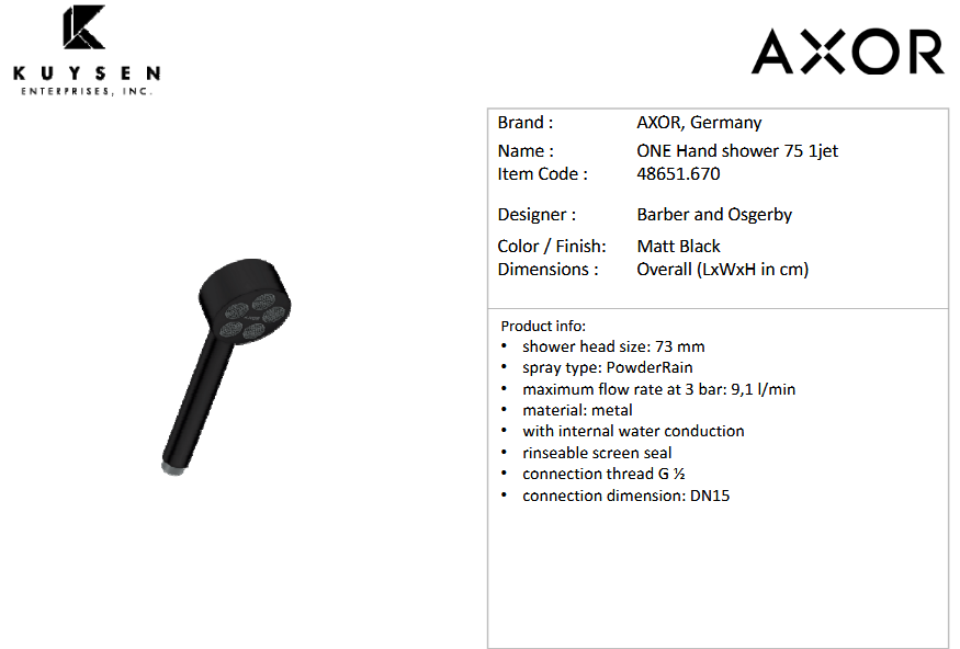 Axor One hand shower 75 1jet ecosmart Black 48651.670