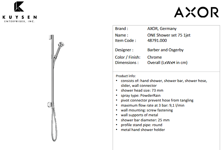 Axor One shower set 75 1jet +wall connect Chrome 48791.000