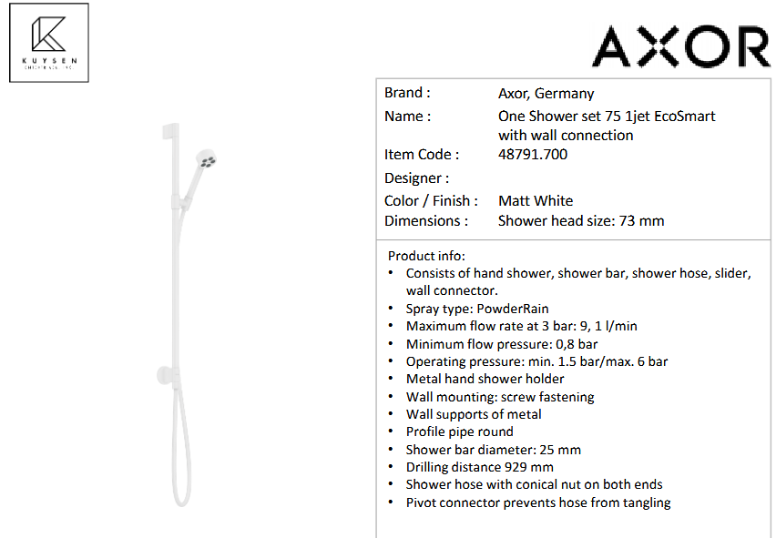 Axor One shower set 75 1jet +wall connect Matt White 48791.700