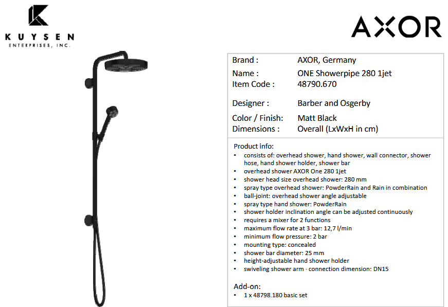 Axor One showepipe 280 1jet concealed black 48790.670