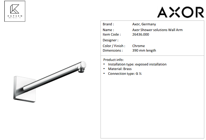 Axor shower arm DN15 390mm square Chrome 26436.000