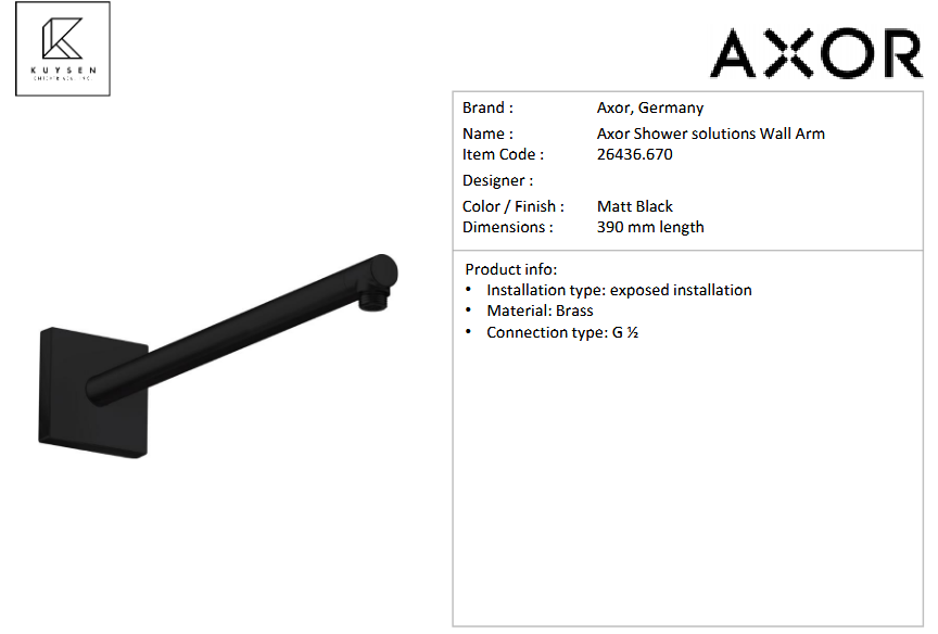 Axor shower arm DN15 390mm square black 26436.670