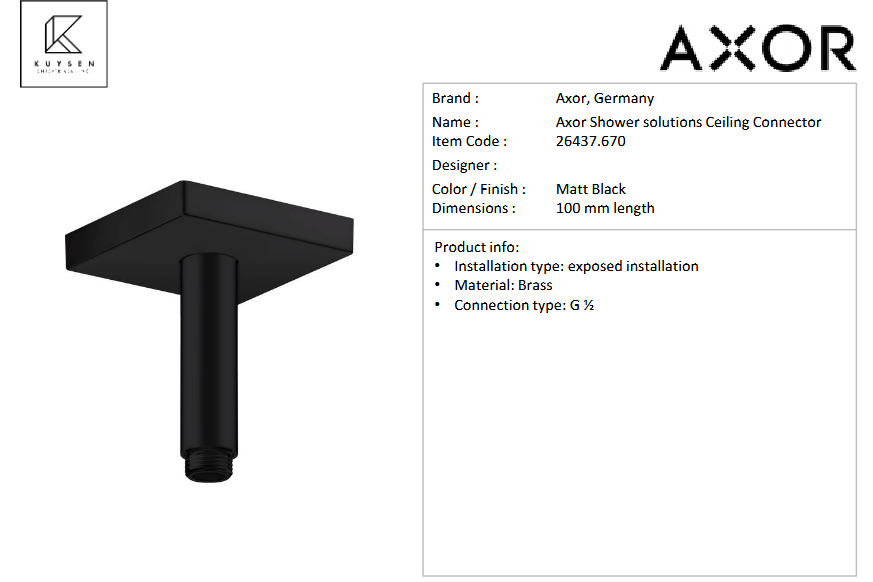 Axor ceiling connector DN15 100mm square Matt Black 26437.670