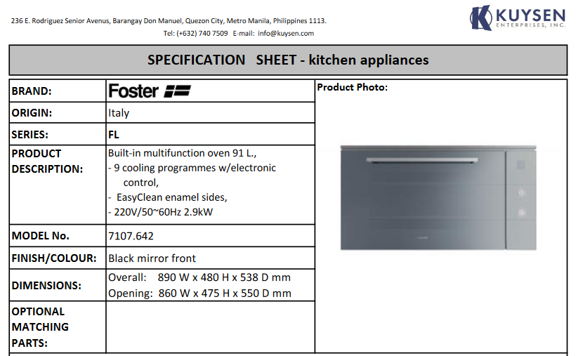 Foster FL built-in multi oven 890x480x538mm 7107 642