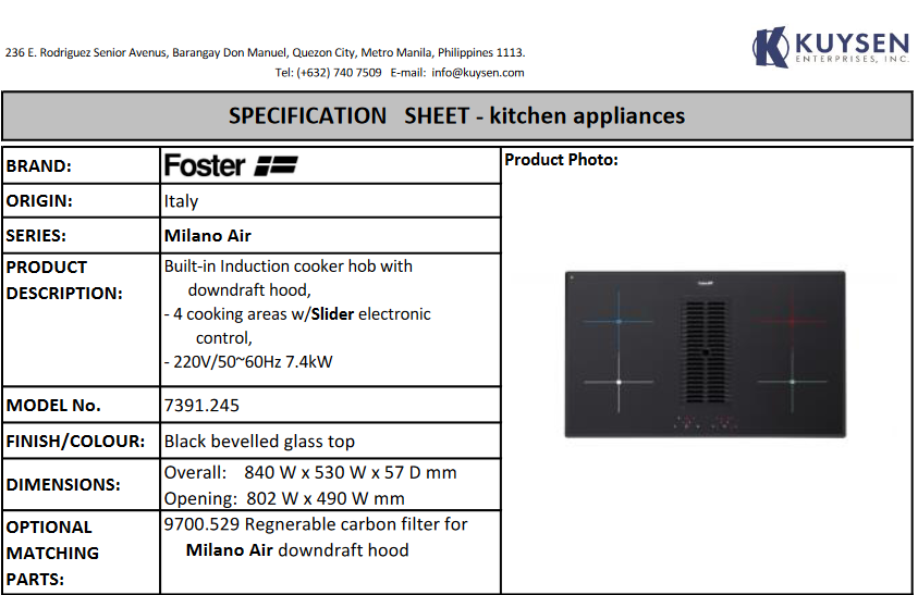 Foster Milano Air induction hob w/ suction hood 7391 245