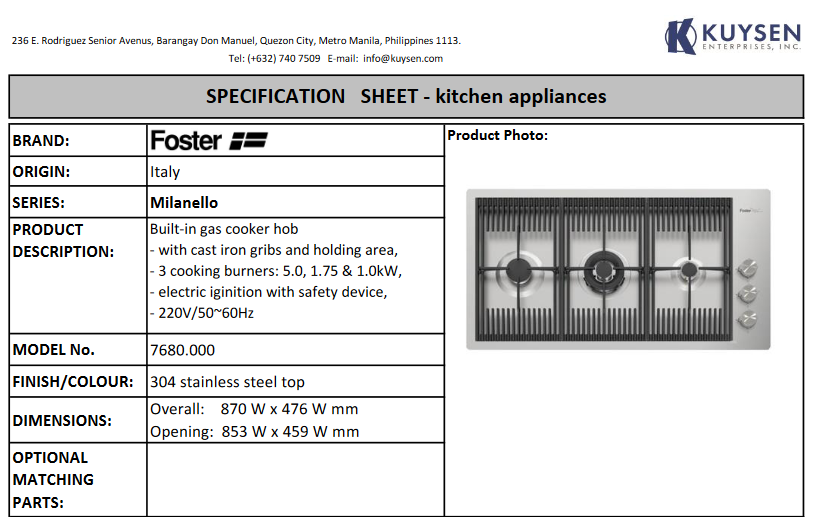 Foster Milanello 3B gas cooker 870x476mm 7680 000