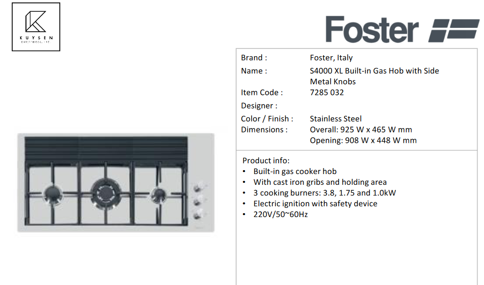 Foster S4000 XL 3 burners gas hob 925x465mm 7285 032