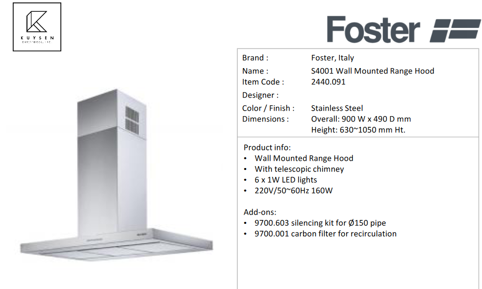 Foster S4001 wall mounted range hood 90cm 2440 091