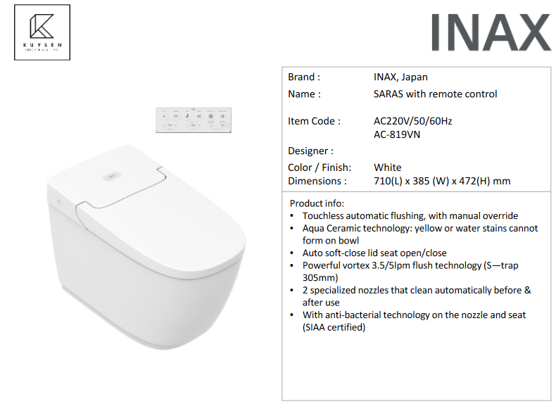 Inax Saras with remote control AC-819VN