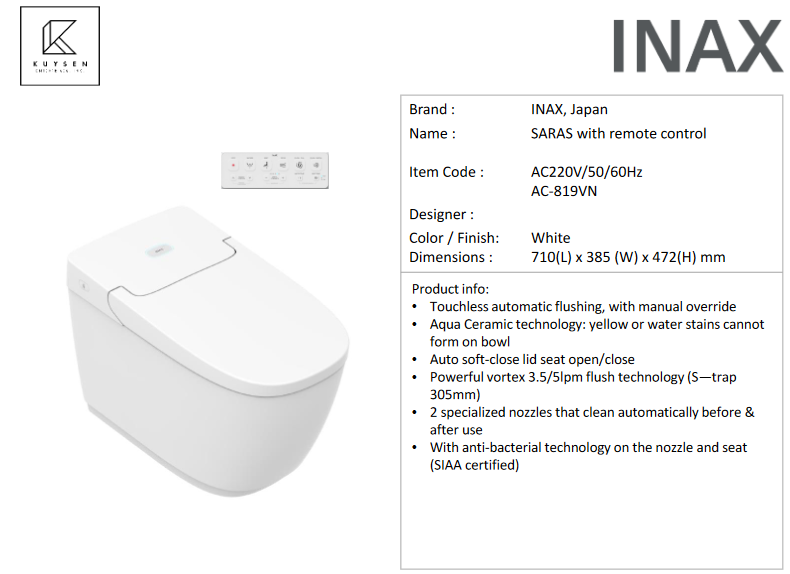 Inax Saras with remote control AC-819VN – kuysenstore