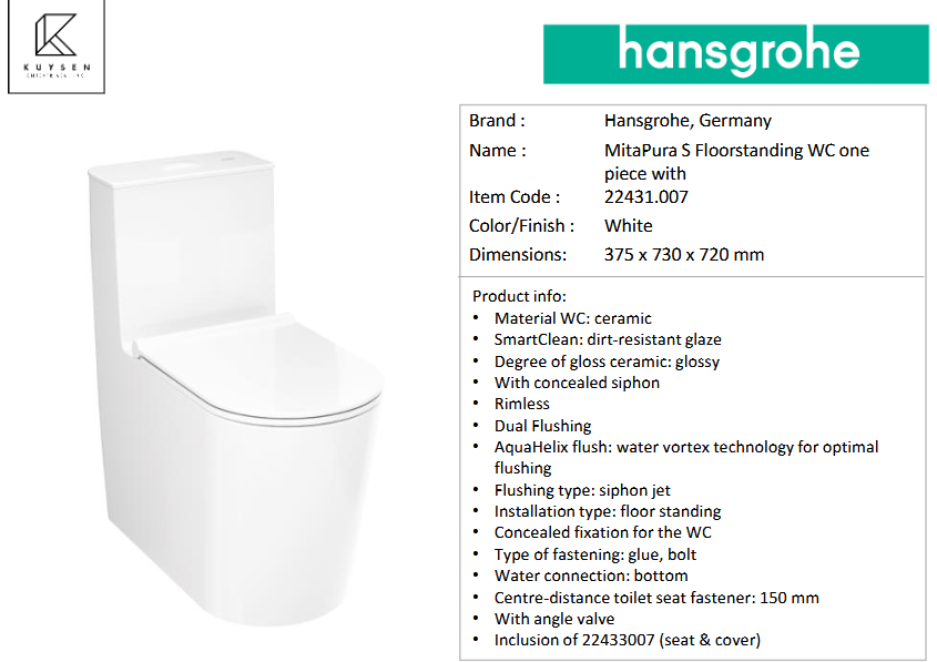 Hansgrohe MitaPura S Floorstanding watercloset one piece 22431.007