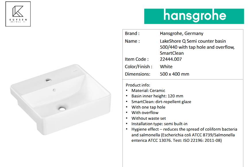 Hansgrohe LakeShoreQ semi-counter basin 500/440 22444.007