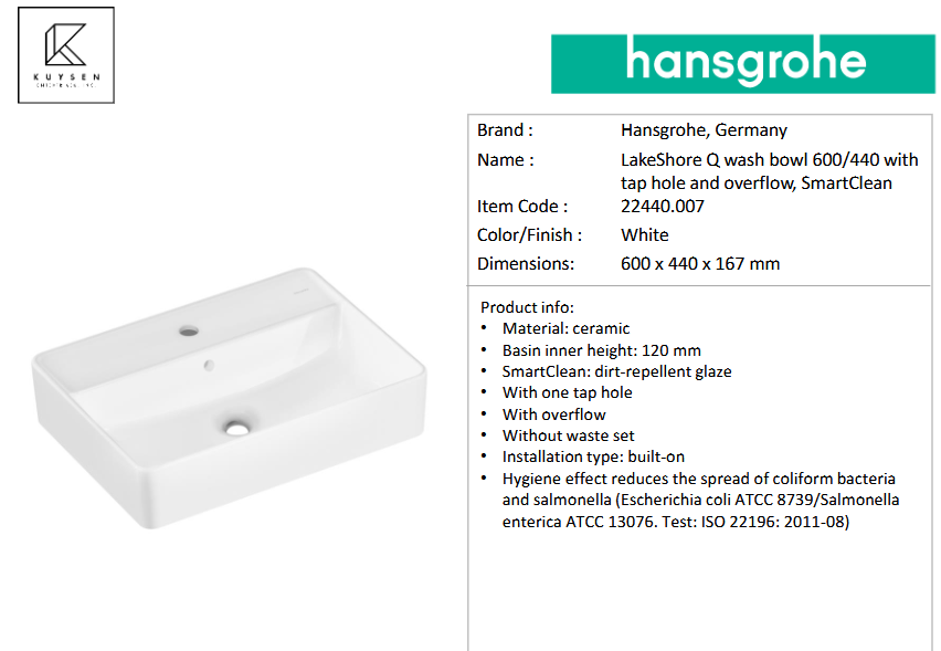 Hansgrohe LakeShore Q washbowl 600/440 22440.007