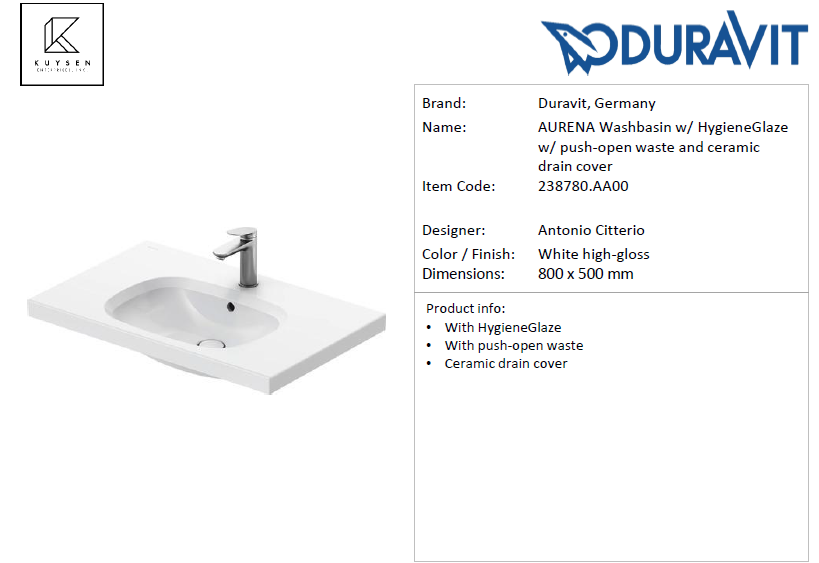 Duravit AURENA Washbasin White high-gloss 238780.AA00