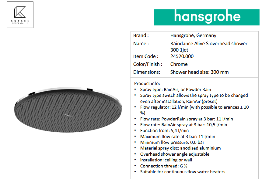Hansgrohe Raindance Alive S overhead shower 300mm 24520.000 + 24337.000