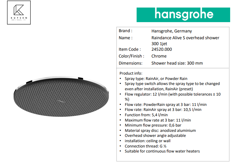 Hansgrohe Raindance Alive S overhead shower 300mm 24520.000 + 24338.000