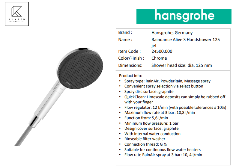 Hansgrohe Raindance Alive SelectS handshower 125mm 1jet 24500.000