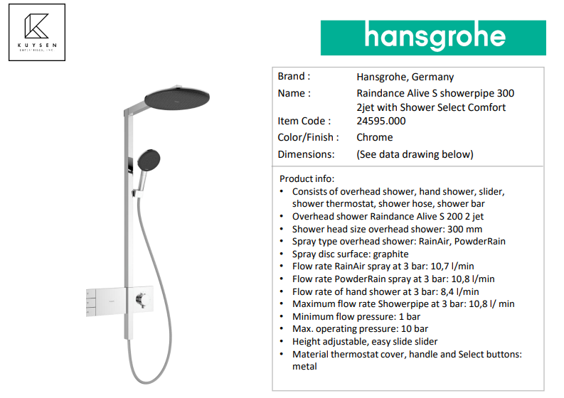 Hansgrohe Raindance Alive S showerpipe 300mm 2jet 24595.000