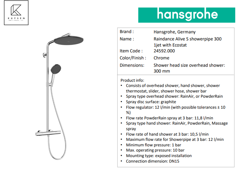 Hansgrohe Raindance Alive S showerpipe 300mm 1jet 24592.000